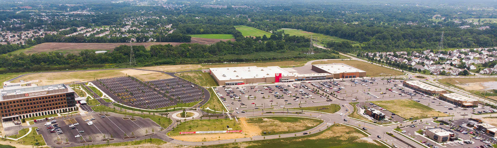 Aerial view of the Hamilton Quarter real estate development in New Albany, Ohio.