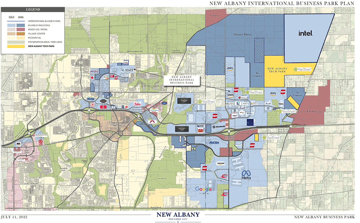 Map of New Albany International Business Park in New Albany, Ohio.