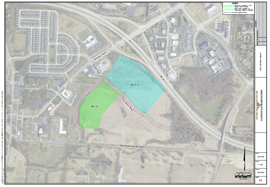 Map illustration of land being donated by the New Albany Company for new water feature, overlook and roundabout.